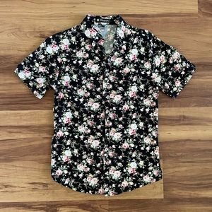 Button up, Short Sleeve, Black with pink flower design